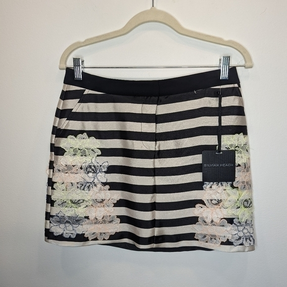 silvian heach Dresses & Skirts - Silvian Heach NWT Stripped Mini Skirt with neon floral embroidered pattern sz XS